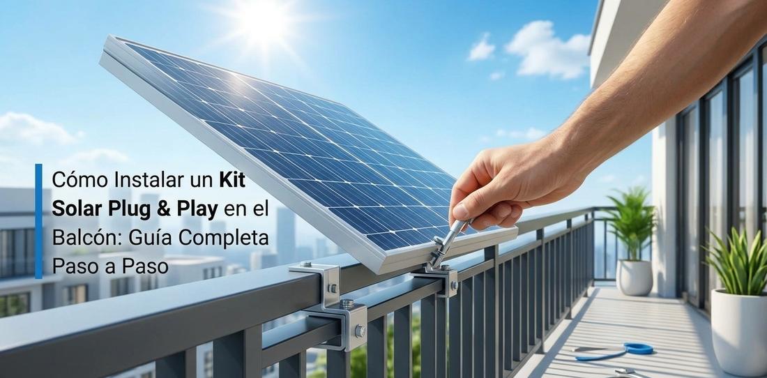 Persona realizando la instalación paso a paso de un kit solar plug and play en la barandilla de un balcón